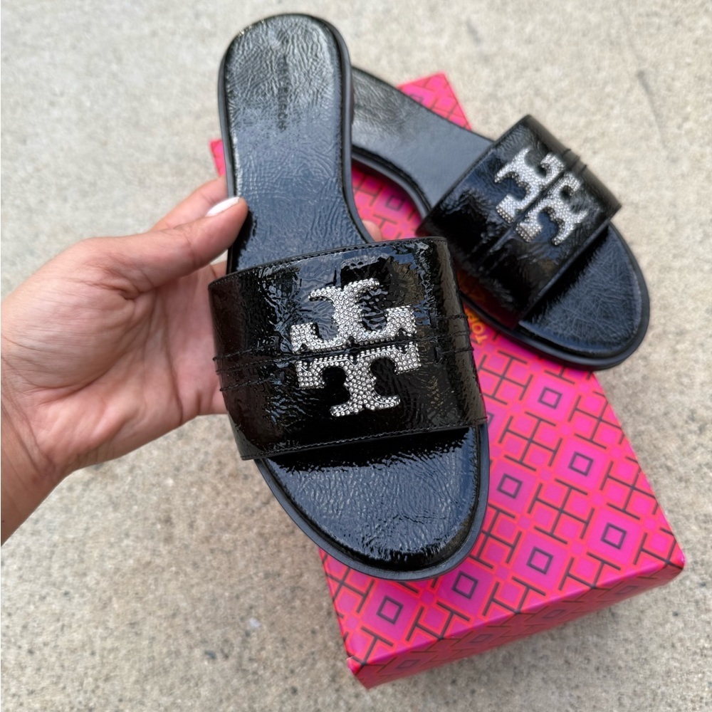 Sz8.5 - New Tory Burch EVERLY SLIDE SOFTY NAPLAK COW PATENT Perfect Black